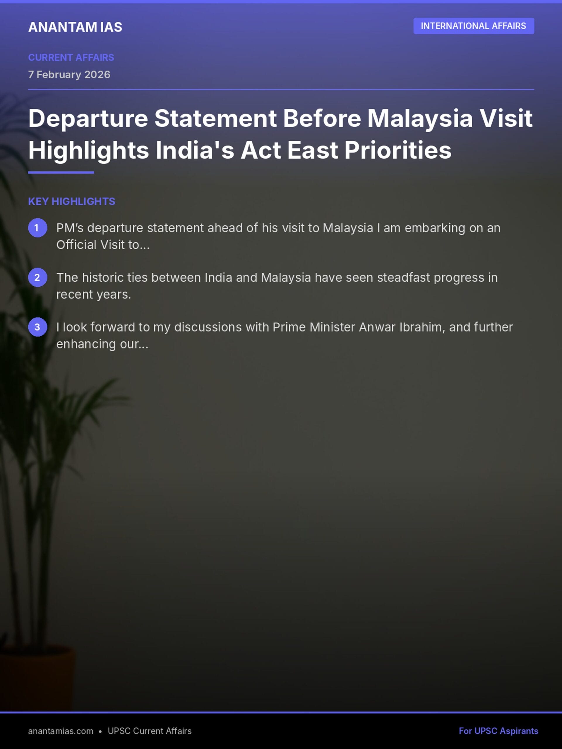 Departure Statement Before Malaysia Visit Highlights India's Act East Priorities infographic