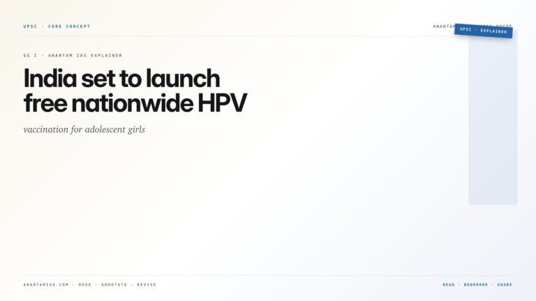 India set to launch free nationwide HPV vaccination for adolescent girls — featured card for Anantam IAS UPSC guide.