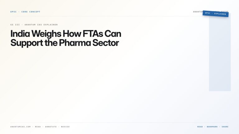India Weighs How FTAs Can Support the Pharma Sector — featured card for Anantam IAS UPSC guide.