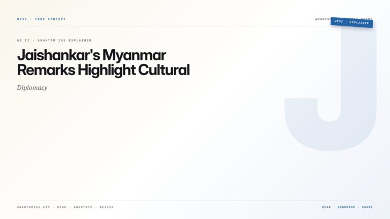 Jaishankar's Myanmar Remarks Highlight Cultural Diplomacy — featured card for Anantam IAS UPSC guide.