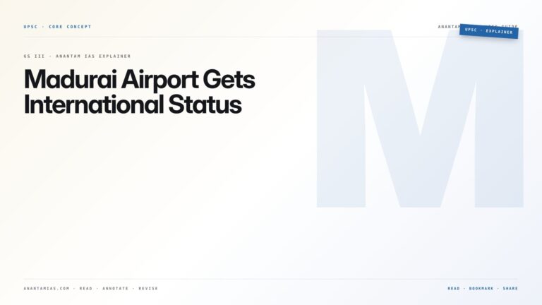 Madurai Airport Gets International Status — featured card for Anantam IAS UPSC guide.