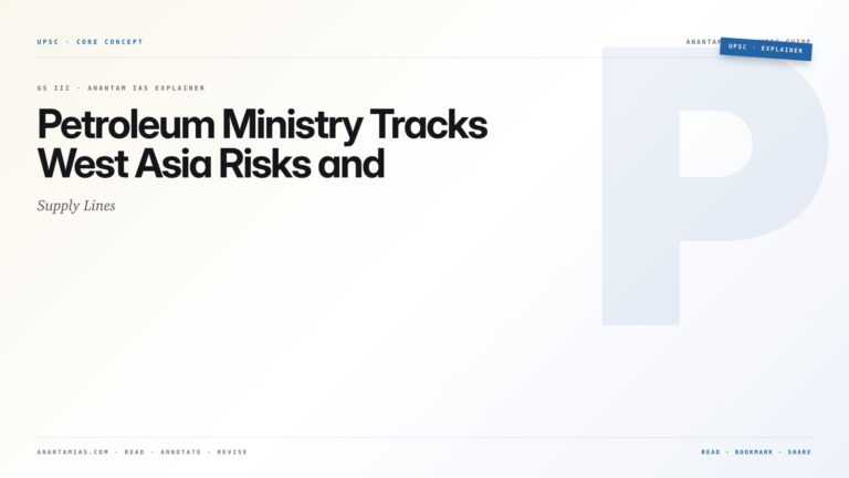 Petroleum Ministry Tracks West Asia Risks and Supply Lines — featured card for Anantam IAS UPSC guide.