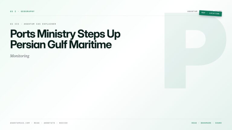 Ports Ministry Steps Up Persian Gulf Maritime Monitoring — featured card for Anantam IAS UPSC guide.