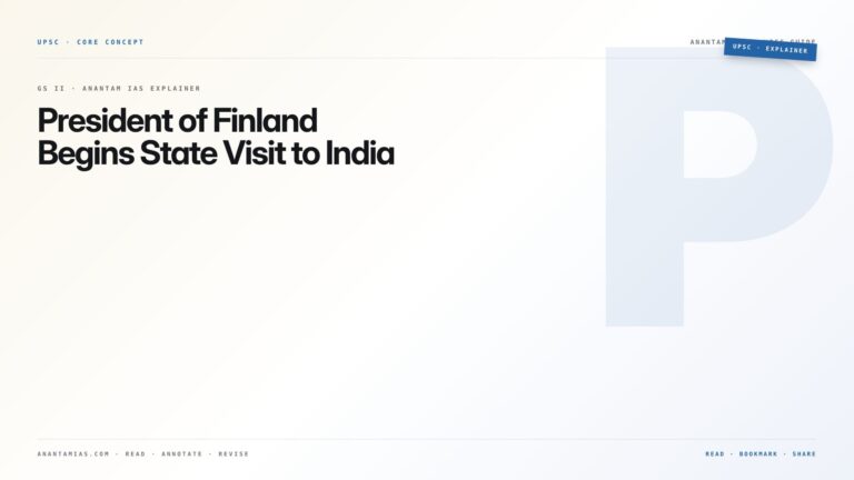 President of Finland Begins State Visit to India — featured card for Anantam IAS UPSC guide.