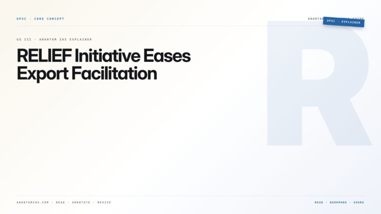 RELIEF Initiative Eases Export Facilitation — featured card for Anantam IAS UPSC guide.