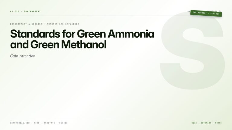 Standards for Green Ammonia and Green Methanol Gain Attention — featured card for Anantam IAS UPSC guide.