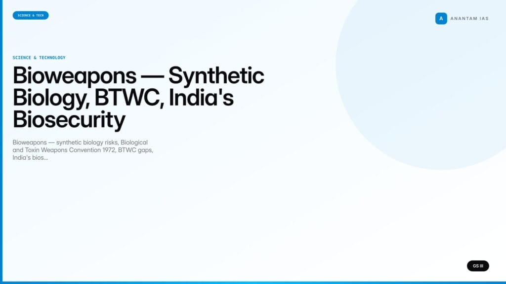 Bioweapons — Synthetic Biology, BTWC, India's Biosecurity (UPSC Science & Tech) — UPSC featured image