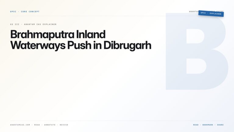 Brahmaputra Inland Waterways Push in Dibrugarh — featured card for Anantam IAS UPSC guide.