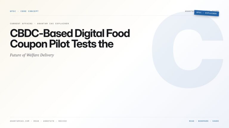 CBDC-Based Digital Food Coupon Pilot Tests the Future of Welfare Delivery — featured card for Anantam IAS UPSC guide.