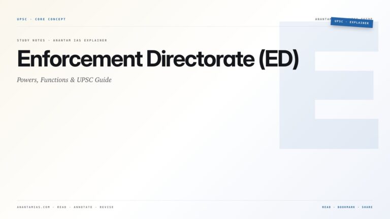 Enforcement Directorate (ED): Powers, Functions & UPSC Guide — featured card for Anantam IAS UPSC guide.