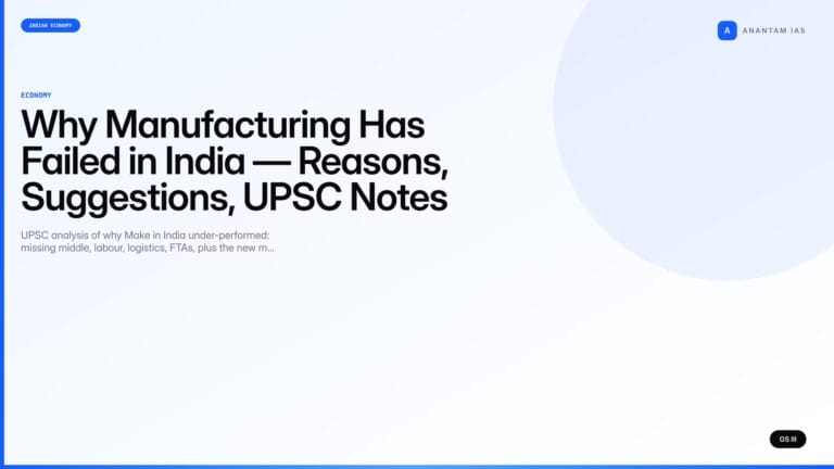 Why Manufacturing Has Failed in India — Reasons, Suggestions, UPSC Notes — UPSC featured image