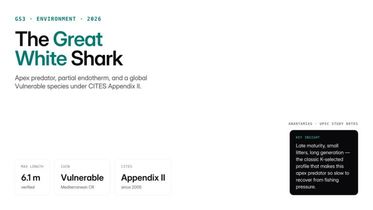 Great white shark UPSC notes: biology, habitat, behaviour, IUCN Vulnerable status, CITES Appendix II, and conservation t