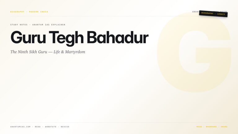 Guru Tegh Bahadur: The Ninth Sikh Guru — Life & Martyrdom — featured card for Anantam IAS UPSC guide.