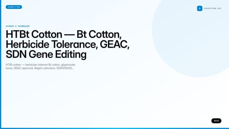 HTBt Cotton — Bt Cotton, Herbicide Tolerance, GEAC, SDN Gene Editing (UPSC Science & Tech) — UPSC featured image