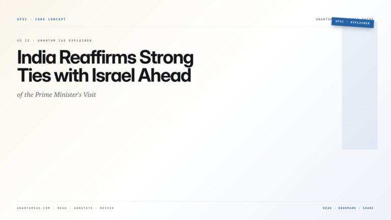 India Reaffirms Strong Ties with Israel Ahead of the Prime Minister's Visit — featured card for Anantam IAS UPSC guide.