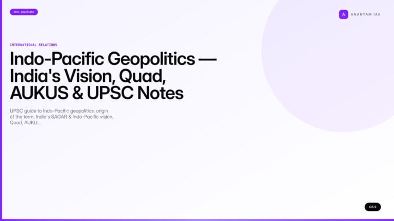 Indo-Pacific Geopolitics — India's Vision, Quad, AUKUS & UPSC Notes (UPSC International Relations) — UPSC featured image