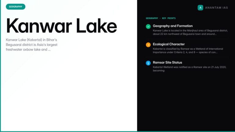 Kanwar Lake: Asia's Largest Freshwater Oxbow Lake and a Ramsar Wetland — UPSC study guide featured image by Anantam IAS