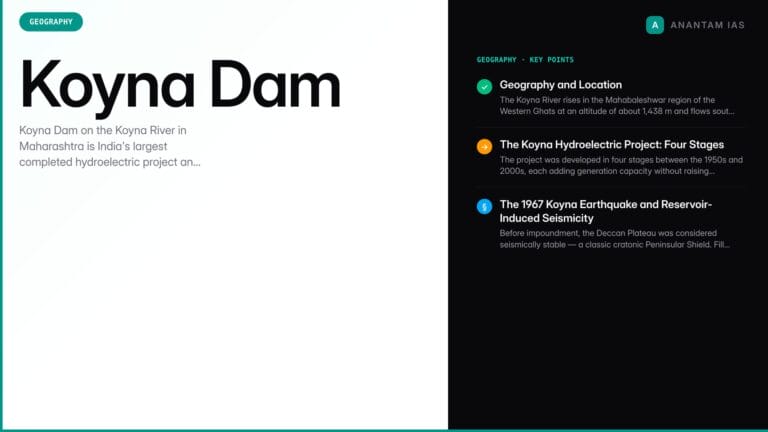 Koyna Dam: Maharashtra's Largest Hydroelectric Project and Seismic Lessons — UPSC study guide featured image by Anantam IAS
