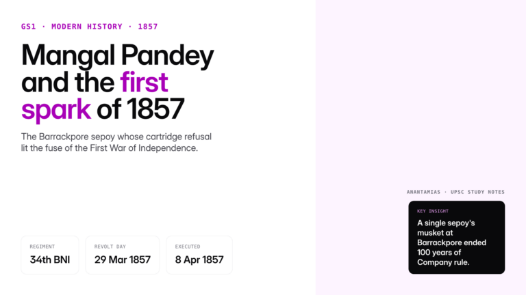 Mangal Pandey, sepoy of the 34th BNI, sparked the 1857 Revolt at Barrackpore. Explore his biography, trial, legacy and U