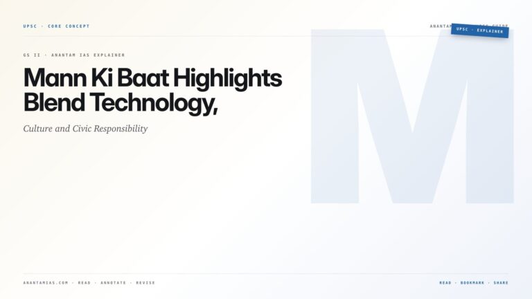 Mann Ki Baat Highlights Blend Technology, Culture and Civic Responsibility — featured card for Anantam IAS UPSC guide.