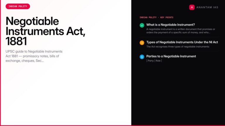 Negotiable Instruments Act, 1881 — Promissory Notes, Cheques & Section 138 — UPSC study guide featured image by Anantam IAS