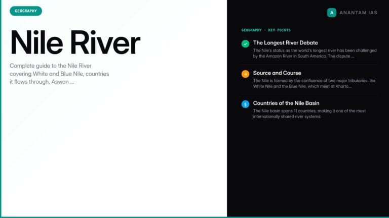 Nile River — Course, Tributaries, Significance, and Comparison with Indian Rivers — UPSC study guide featured image by Anantam IAS