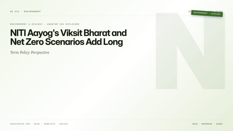 NITI Aayog's Viksit Bharat and Net Zero Scenarios Add Long-Term Policy Perspective — featured card for Anantam IAS UPSC guide.