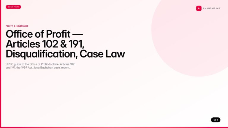 Office of Profit — Articles 102 & 191, Disqualification, Case Law (UPSC Polity) — UPSC featured image
