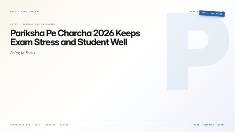 Pariksha Pe Charcha 2026 Keeps Exam Stress and Student Well-Being in Focus — featured card for Anantam IAS UPSC guide.