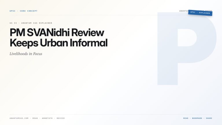 PM SVANidhi Review Keeps Urban Informal Livelihoods in Focus — featured card for Anantam IAS UPSC guide.