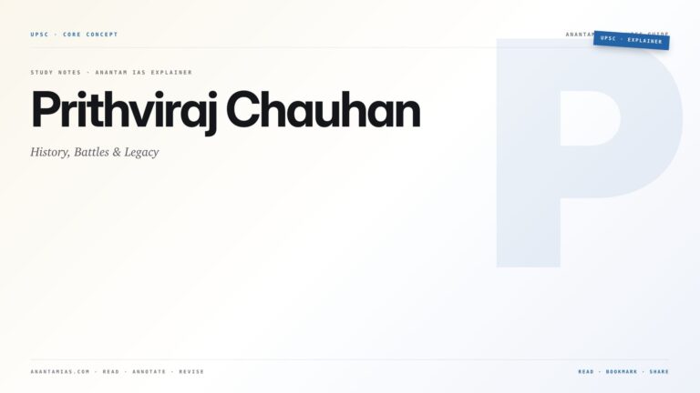 Prithviraj Chauhan: History, Battles & Legacy — featured card for Anantam IAS UPSC guide.