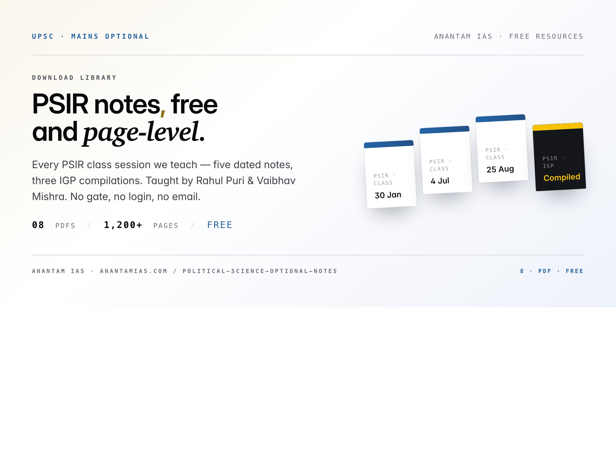 PSIR free notes library — 8 PDFs, 1,200+ pages — taught by Rahul Puri and Vaibhav Mishra at Anantam IAS