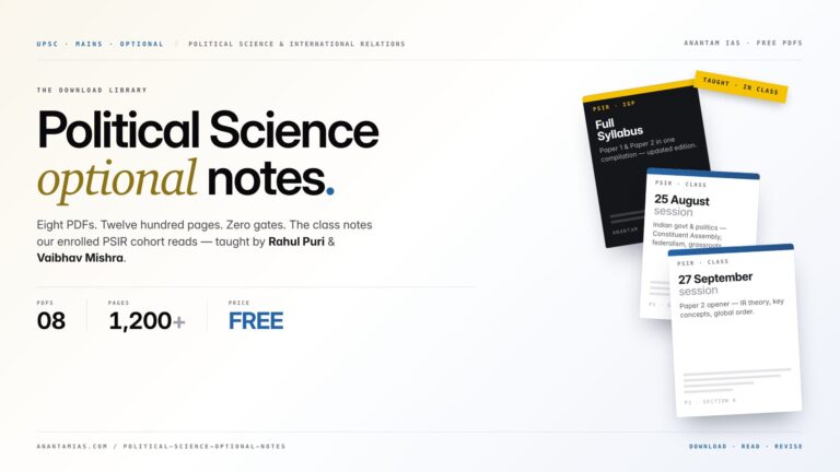 Anantam IAS PSIR notes free download library — eight PDFs covering Political Science and International Relations optional for UPSC Mains 2026, taught by Rahul Puri and Vaibhav Mishra. Featured cards preview the IGP full-syllabus compilation and the 25 August / 27 September class sessions.