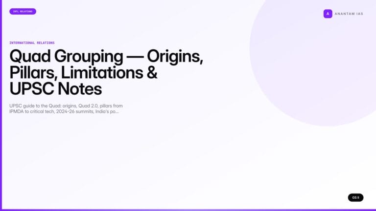 Quad Grouping — Origins, Pillars, Limitations & UPSC Notes (UPSC International Relations) — UPSC featured image