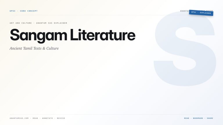 Sangam Literature: Ancient Tamil Texts & Culture — featured card for Anantam IAS UPSC guide.