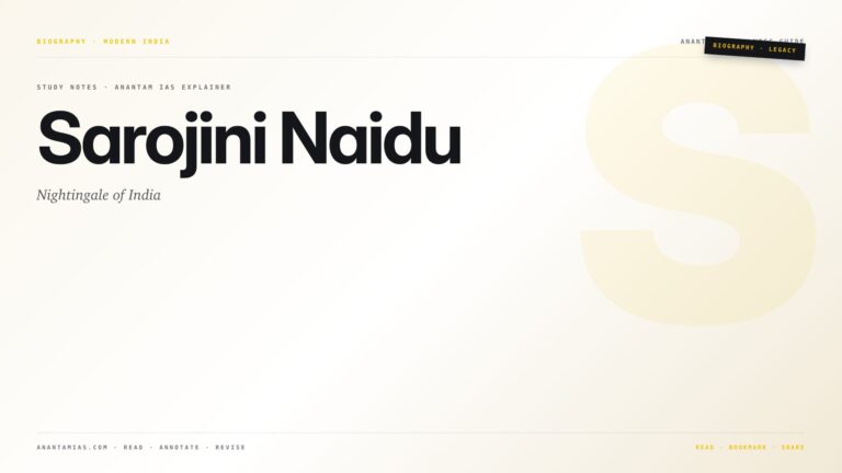 Sarojini Naidu: Nightingale of India — featured card for Anantam IAS UPSC guide.