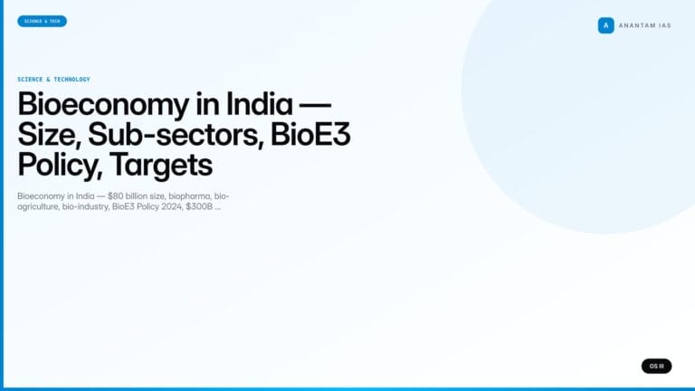 Bioeconomy in India — Size, Sub-sectors, BioE3 Policy, Targets (UPSC Science & Tech) — UPSC featured image