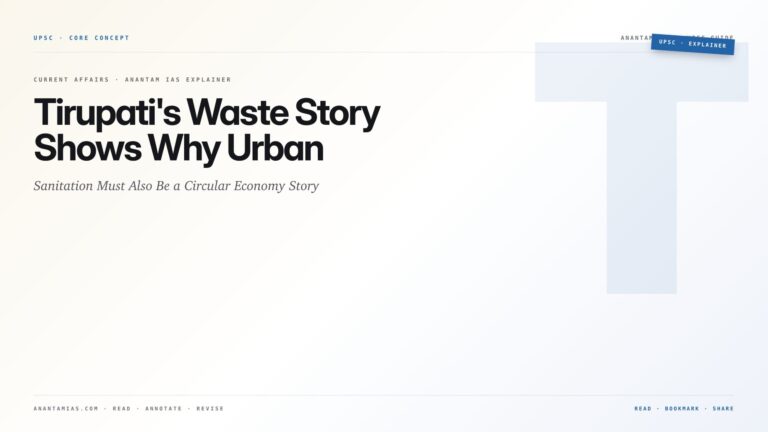 Tirupati's Waste Story Shows Why Urban Sanitation Must Also Be a Circular Economy Story — featured card for Anantam IAS UPSC guide.