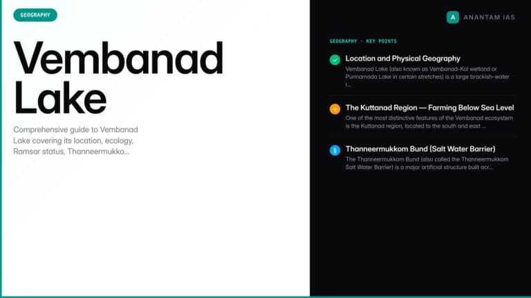 Vembanad Lake — Kerala's Largest Lake, Ramsar Site & UPSC Geography Guide — UPSC study guide featured image by Anantam IAS