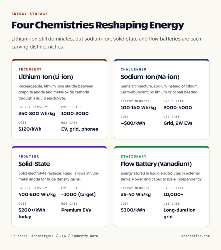 Four battery chemistries compared: Li-ion, Na-ion, solid-state, hydrogen fuel cell