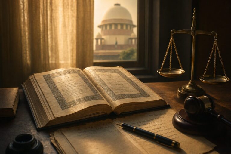 An open Indian Constitution on a wooden desk in warm window light, with the Supreme Court of India dome through a curtain and a brass scale of justice beside the book.