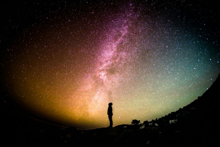 Silhouette of a person looking up at a star-filled night sky — UPSC Mains essay topic Thought Finds a World and Creates One Also