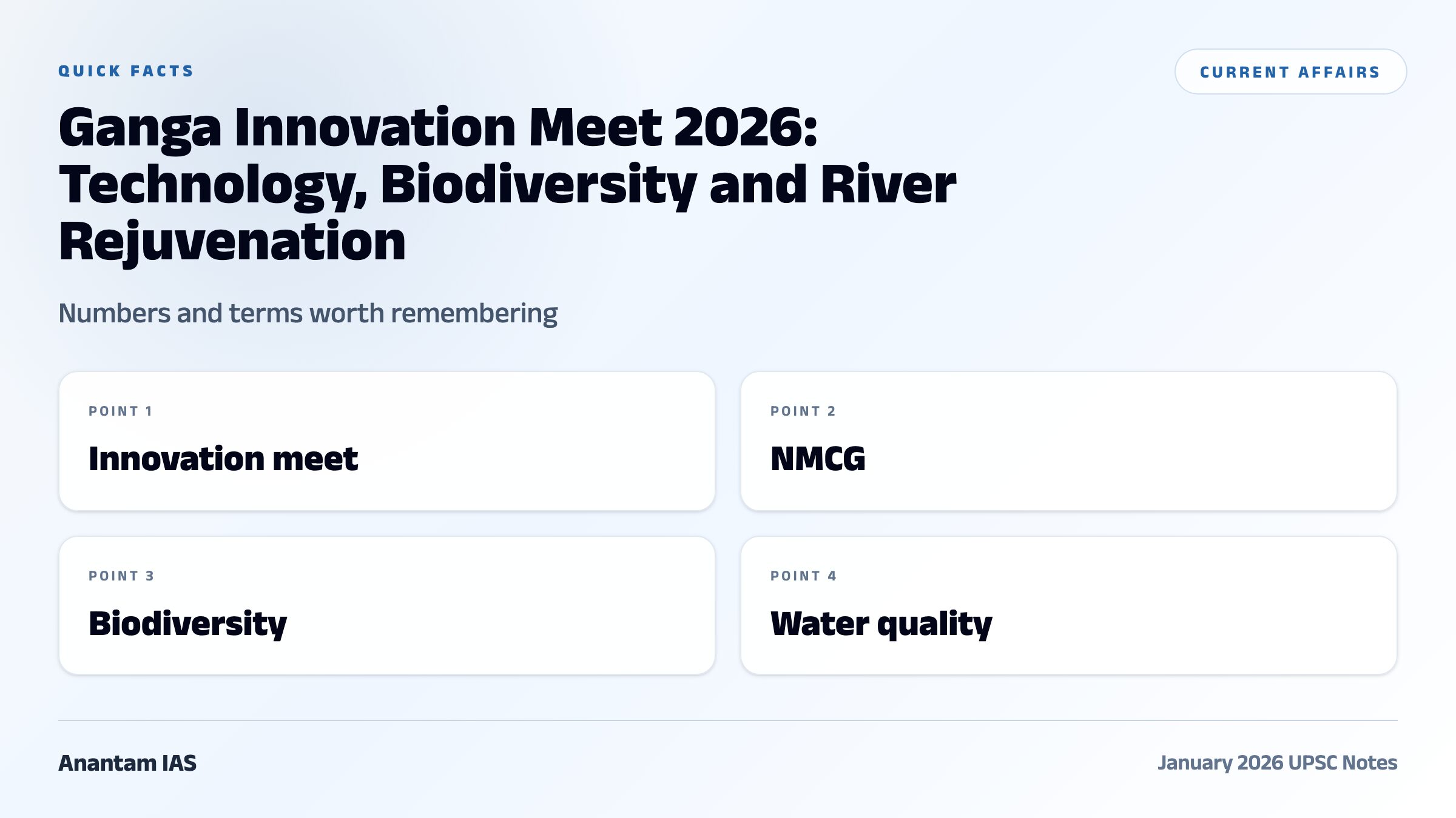 Ganga Innovation Meet 2026: Technology, Biodiversity and River Rejuvenation quick facts