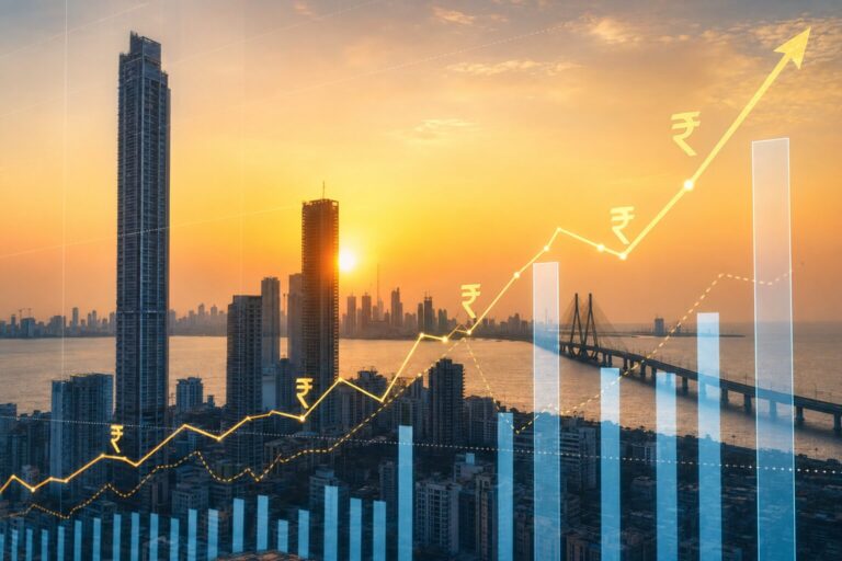 India's GDP — rising chart over Mumbai skyline at golden hour with Bandra-Worli Sea Link in the distance, rupee symbols woven into the chart.