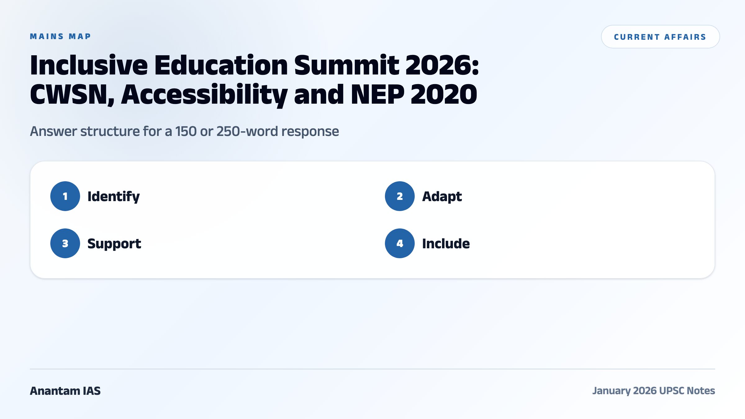 Inclusive Education Summit 2026: CWSN, Accessibility and NEP 2020 comparative and mains map