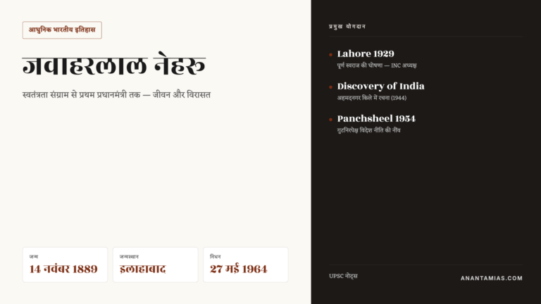 जवाहरलाल नेहरू का जीवन परिचय — जन्म, शिक्षा, स्वतंत्रता संग्राम और प्रथम प्रधानमंत्री — UPSC Hindi notes