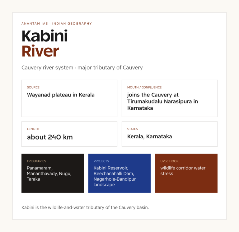 Kabini River UPSC fact card with origin, course, tributaries and basin notes