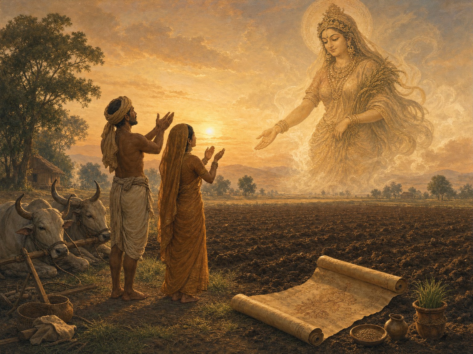 जुते हुए खेत पर खड़े पति-पत्नी और उनके ऊपर मँडराती खेत की स्त्री-देवी क्षेत्र-पत्नी का वैदिक शैली में बना चित्र