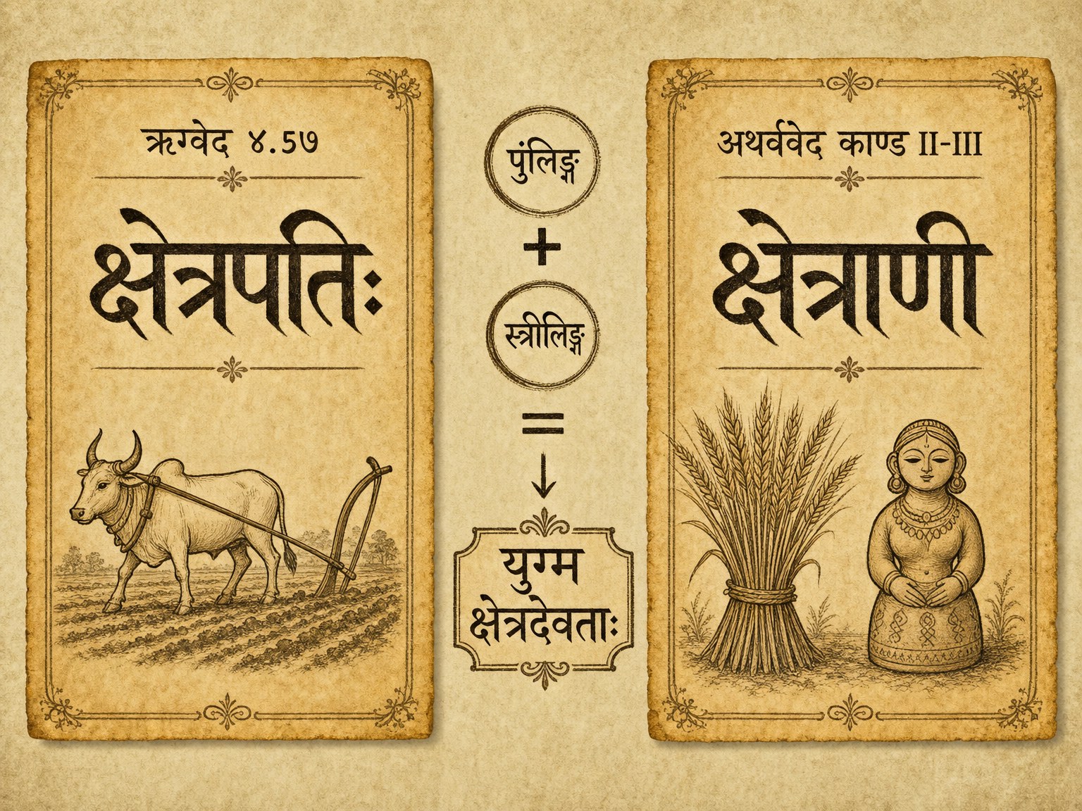 पांडुलिपि शैली का चित्र, जिसमें ऋग्वेद 4.57 के क्षेत्रस्य पति की तुलना अथर्ववेद काण्ड II-III की क्षेत्र-पत्नी से की गई है