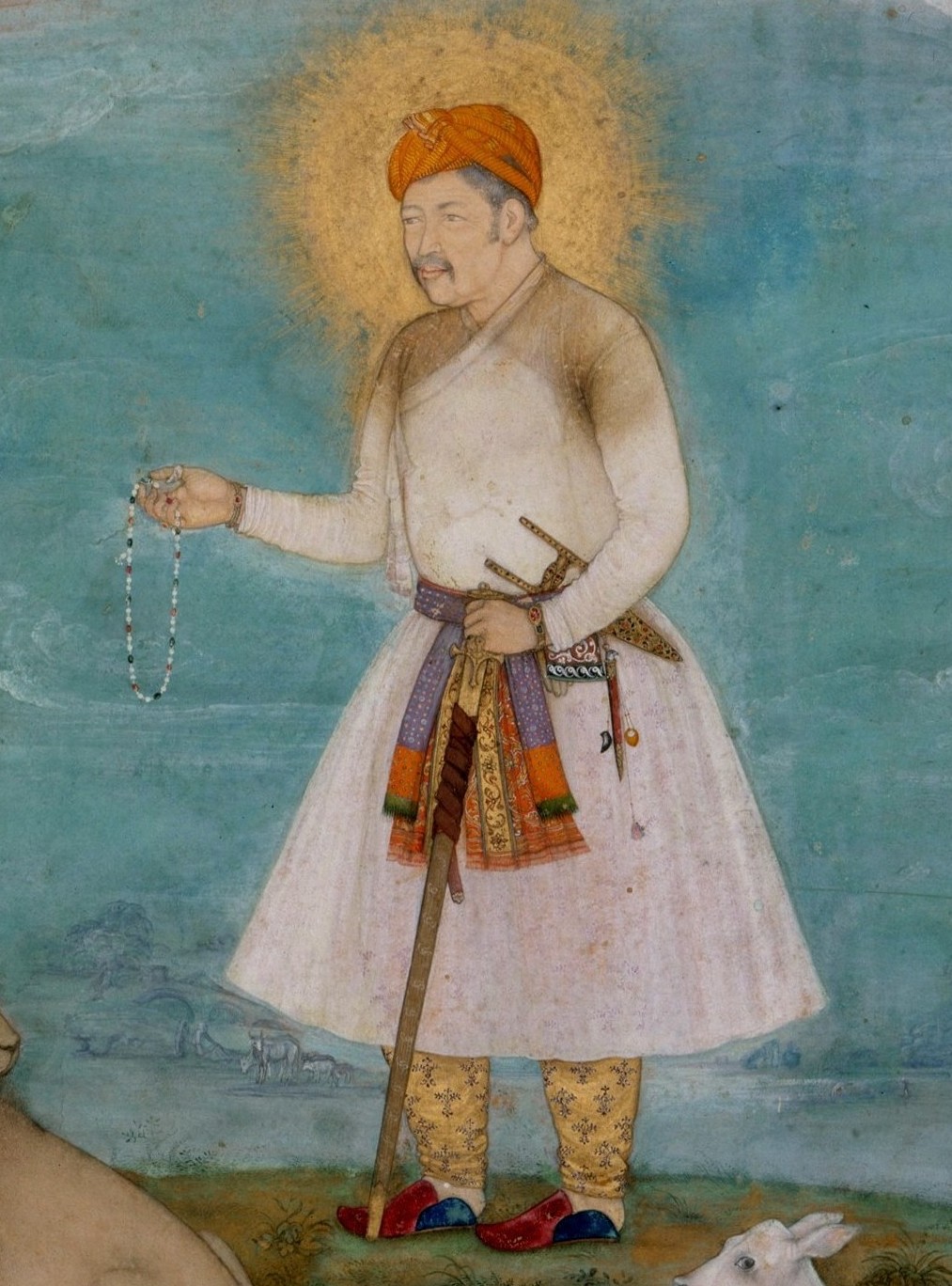 मुग़ल चित्रकला — गोवर्धन का बनाया अकबर, शेर और बछड़े के साथ, लगभग 1630